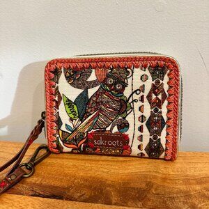 NWOT, Sakroots, Orange and White Multicolor Zipper Wallet, Owl and Sunflower